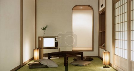 Téléchargez les photos : TV sur canbinet table basse dans la chambre de style japonais avec lampe. - en image libre de droit