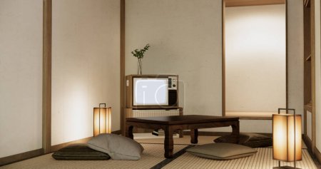 Foto de TV en canbinet mesa baja en la habitación de estilo japonés con lámpara. - Imagen libre de derechos