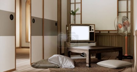 Foto de TV en canbinet mesa baja en la habitación de estilo japonés con lámpara. - Imagen libre de derechos