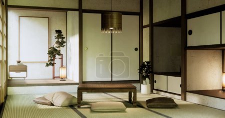 Foto de Mesa baja en habitación estilo japonés con decoración muji minimalista. - Imagen libre de derechos