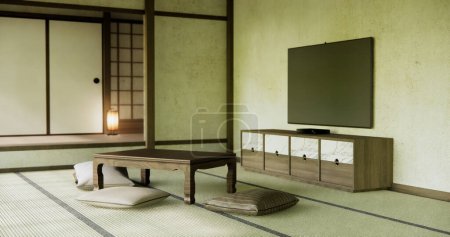 Foto de La mesa baja de Japón en la sala de estar Estilo japonés con decoración muji minimal. - Imagen libre de derechos