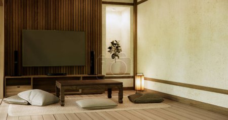 Téléchargez les photos : La table basse japonaise dans le salon Style japonais avec décoration muji minimale. - en image libre de droit