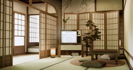 Téléchargez les photos : La table basse japonaise dans le salon Style japonais avec décoration muji minimale. - en image libre de droit