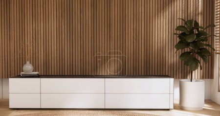 Téléchargez les photos : Cabinet design en bois sur chambre blanche intérieur moderne style.3D rendu - en image libre de droit