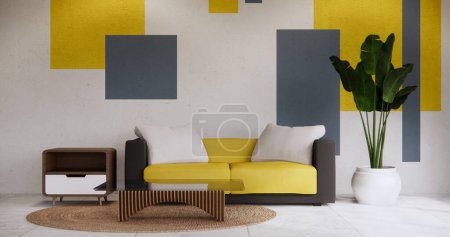 Foto de Gris y amarillo salón moderno estilo colorido con sofá sillón y baldosas piso de granito - Imagen libre de derechos