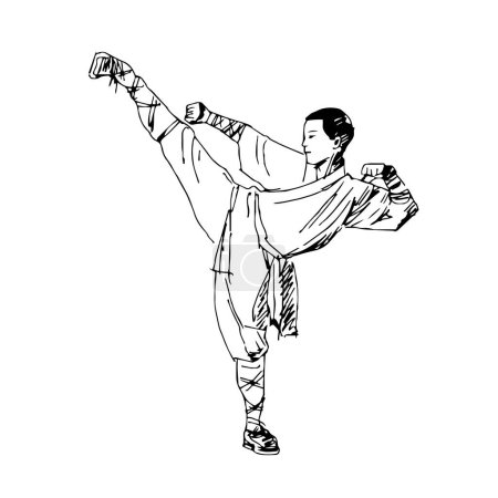 Photo for Drawn Shaolin monk wushu kung fu stance. Vector illustration graphic resources clipart sketch - Royalty Free Image