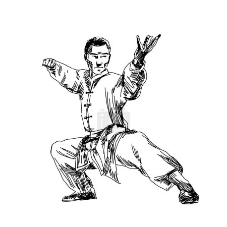 Clip art ressources graphiques. Croquis figuratif a été dessiné homme wushu kung fu. Illustration vectorielle de dessin.