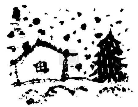 Téléchargez les illustrations : Hiver stylisé paysage noir et blanc maison flocons de neige sapin silhouette de Noël croquis. Illustration vectorielle - en licence libre de droit