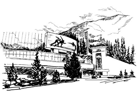 Illustration pour Urban Graphic Black White Cityscape Skyline Sketch Illustration Vector. Kazakhstan Almaty Medeo - image libre de droit