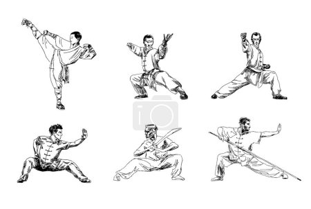 Photo for Set of hand drawing of a man showing wushu, kung fu stance. Editable vector sketch illustration - Royalty Free Image