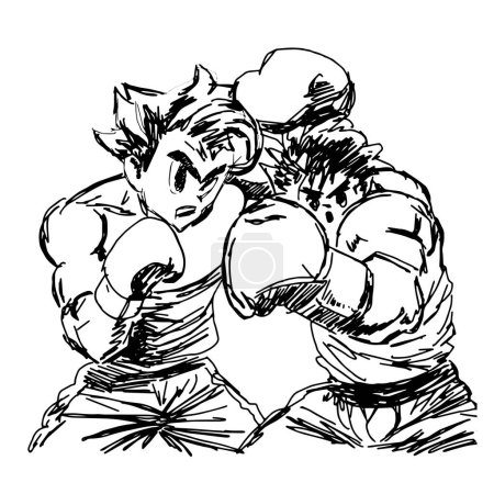 Illustration for Sketch drawn with a marker quick, two boxers boxing duel in cartoon style anime fight frame. Vector illustration - Royalty Free Image