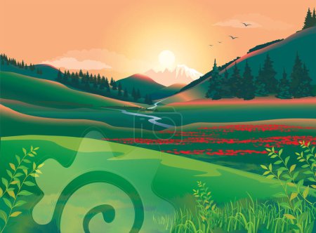 Photo for Mountain landscape with a river and a valley of fir trees, dawn on the day of Nauryz of the Kazakhstan holiday. Vector illustration - Royalty Free Image