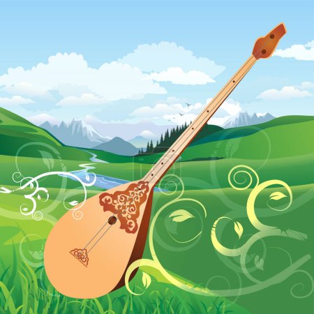 Illustration for Musical Kazakh national instrument dombra, mountain landscape of Kazakhstan. Vector illustration - Royalty Free Image