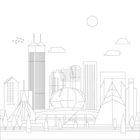 Photo for Vector illustration of city, town in linear style - buildings, skyscraper, park, factory, museum and trees. Thin line art icons. - Royalty Free Image
