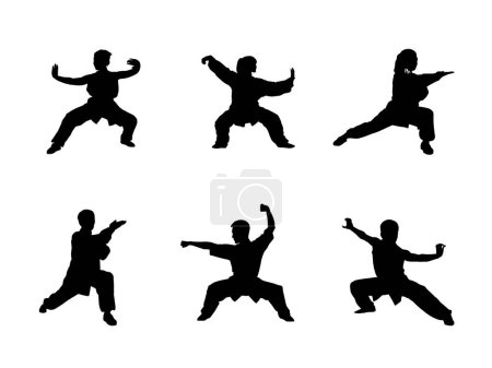 Photo for Wushu, kung fu, Taekwondo, Aikido. Silhouette of people isolated on white background. Sports positions. Design elements and icons. Fighting stance. Vector illustration. Set - Royalty Free Image