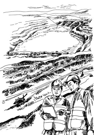 Ilustración de Bosquejo de dos geólogos que trabajan sobre el telón de fondo de un paisaje de cantera montañosa, dibujado a mano - Imagen libre de derechos