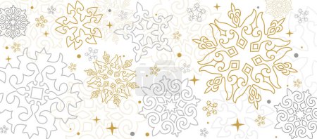 Téléchargez les illustrations : Nouvel An, flocons de neige, ornement kazakh. Bannière de carte de vœux vectorielle plate - en licence libre de droit