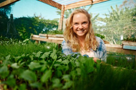 Foto de Feliz joven mujer caucásica en camisa a cuadros mirando a la cámara y sonriendo por las plantas en vivero de plantas - Imagen libre de derechos