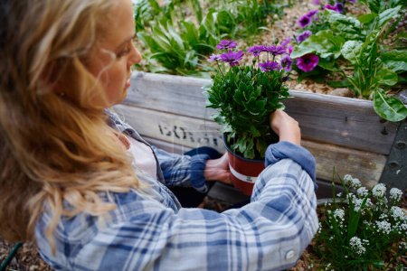 Foto de Vista del perfil de la joven mujer caucásica en camisa a cuadros sosteniendo flores por arriate de flores en vivero de plantas - Imagen libre de derechos