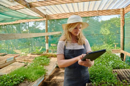 Foto de Mujer joven caucásica usando delantal y sombrero usando tableta digital por plantas en vivero de plantas - Imagen libre de derechos