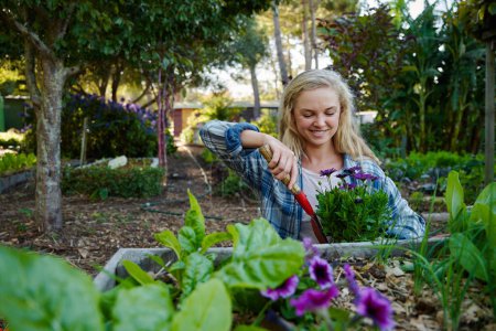 Téléchargez les photos : Happy young caucasian woman in checked shirt using spade on plants in plant nursery - en image libre de droit