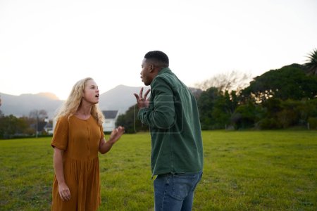 Foto de Angry young multiracial couple face to face arguing and gesturing in field - Imagen libre de derechos