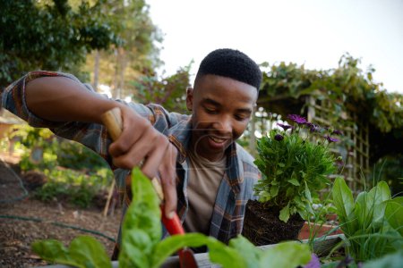 Téléchargez les photos : Happy young black man smiling while using spade in flowerbed in garden center - en image libre de droit