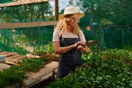 Foto de Young caucasian woman in apron and hat using digital tablet by plants in plant nursery - Imagen libre de derechos