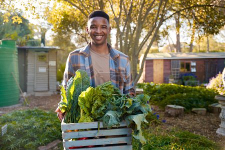 Foto de Feliz joven negro sonriendo mientras mira a la cámara y sostiene la cosecha de vegetales en el vivero de plantas - Imagen libre de derechos
