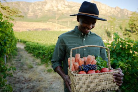 Foto de Joven hombre negro con ropa casual sosteniendo cesta con frutas y verduras en la granja - Imagen libre de derechos