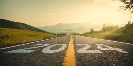 An inviting, scenic road with 2024 written across it, bathed in the warm glow of sunrise or sunset. The image symbolizes the start of the New Year 2024, embracing change, and the anticipation of whats to come.