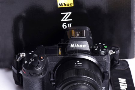 Photo for Goiania, Brazil 09 July 2023: Nikon Z6 II (version 2) camera photograph confrontation and competition between cameras. White background. The best mirrorless cameras from top brands. - Royalty Free Image