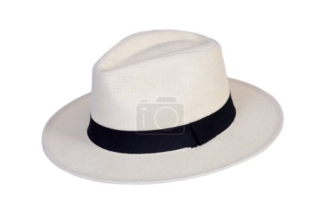 Foto de Sombrero estilo Panamá sombrero de paja con cinta negra aislada sobre fondo blanco, sombrero de paja para mujer y hombre iamge protección de la cabeza - Imagen libre de derechos