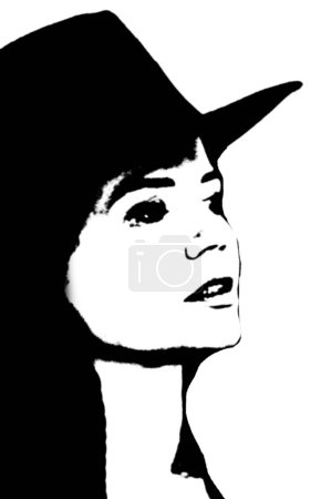 Photo for Beautiful mysterious young blonde woman in black hat and black jacket on white background. beautiful eyes and hair with a hat silhouette black and white vector image Fashion beauty - Royalty Free Image
