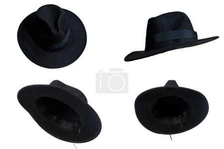 Téléchargez les photos : Chapeau en feutre noir naturel large chapeau à bord isolé sur fond blanc protection de la tête et modèle de style. - en image libre de droit