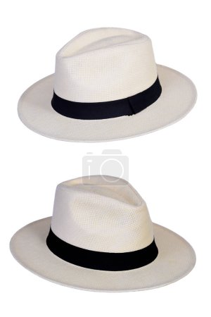 Panama hat style straw hat with black ribbon isolated on white background, straw hat for woman and man head protection image