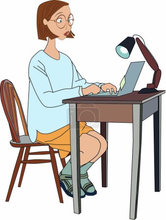 Photo for Work on the draft design of the house. Abstract fictional freelance woman working on laptop at home, dressed in home clothes. illustration isolated on white background. Online learning, education. - Royalty Free Image