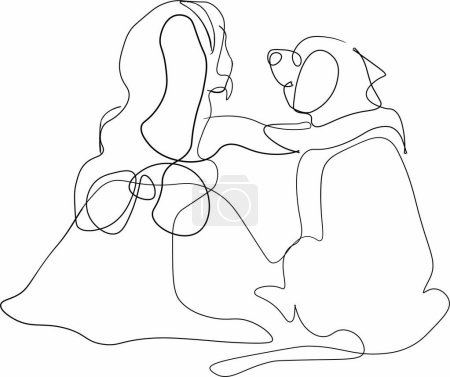 Friendly relationship between child and dog. one line illustration. The child hugs a golden retriever. friends forever. two look into the distance.