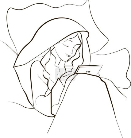 Photo for Abstract girl lying in bed and looking at the phone and playing games on the gadget. Home leisure, free time. Line drawing graphic illustration - Royalty Free Image