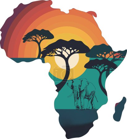 Illustration zum Weltafrikatag mit Afrikakarte und Elefantensilhouette bei Sonnenuntergang