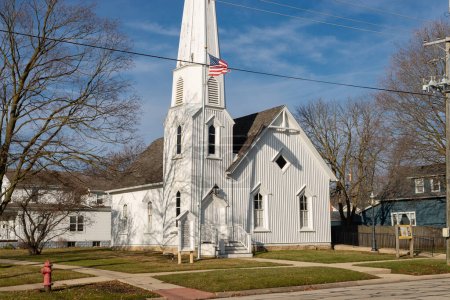 Photo for Dwight, Illinois - United States - January 2nd, 2023: Exterior of the historic Pioneer Gothic Church, built in 1857, in downtown Dwight, Illinois. - Royalty Free Image
