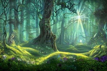 Foto de Dawn 's Enchantment "es una encantadora imagen al estilo ilustrador de un paisaje de fantasía. La escena se desarrolla en un exuberante bosque, donde los imponentes árboles bioluminiscentes emiten una luz suave y etérea. El suelo está cubierto con una alfombra vibrante de musgos y wildflo - Imagen libre de derechos