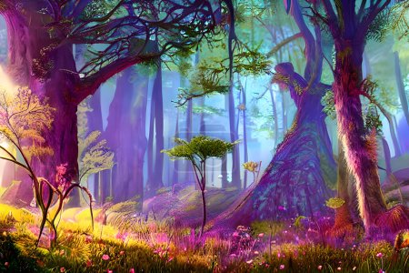Photo for Dawn's Enchantment" is an enchanting illustrator-style image of a fantasy landscape. The scene is set in a lush forest, where towering bioluminescent trees emit a soft, ethereal light. The ground is covered with a vibrant carpet of mosses and wildflo - Royalty Free Image