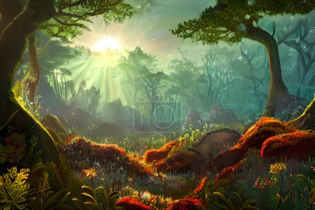 Foto de Dawn 's Enchantment "es una encantadora imagen al estilo ilustrador de un paisaje de fantasía. La escena se desarrolla en un exuberante bosque, donde los imponentes árboles bioluminiscentes emiten una luz suave y etérea. El suelo está cubierto con una alfombra vibrante de musgos y wildflo - Imagen libre de derechos