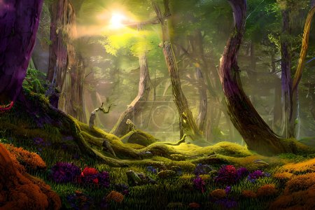 Photo for Dawn's Enchantment" is an enchanting illustrator-style image of a fantasy landscape. The scene is set in a lush forest, where towering bioluminescent trees emit a soft, ethereal light. The ground is covered with a vibrant carpet of mosses and wildflo - Royalty Free Image