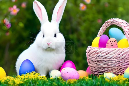 Foto de Una fotografía alegre de un conejito esponjoso rodeado de coloridos huevos de Pascua y flores de primavera, exudando pura felicidad y deleite. Perfecto para capturar la esencia de una feliz celebración de Pascua de conejo. - Imagen libre de derechos