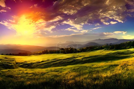 Téléchargez les photos : Une prairie paisible au sommet d'une colline, illuminée par les couleurs chaudes d'un coucher de soleil. Des herbes hautes, des fleurs sauvages et des collines encerclent la scène, créant une ambiance rurale sereine et pittoresque.. - en image libre de droit