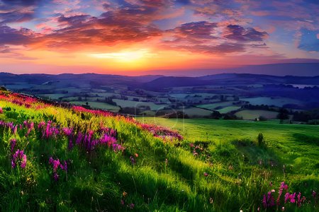 Foto de Un prado tranquilo en lo alto de una colina, resplandece con los colores cálidos de una puesta de sol. Hierbas altas, flores silvestres y colinas onduladas rodean la escena, creando un ambiente sereno y pintoresco. - Imagen libre de derechos