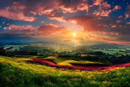A peaceful meadow atop a hill, aglow with the warm colors of a sunset. Tall grasses, wildflowers, and rolling hills surround the scene, creating a serene and picturesque countryside ambiance.
