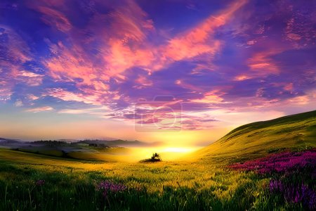 Foto de Un prado tranquilo en lo alto de una colina, resplandece con los colores cálidos de una puesta de sol. Hierbas altas, flores silvestres y colinas onduladas rodean la escena, creando un ambiente sereno y pintoresco. - Imagen libre de derechos